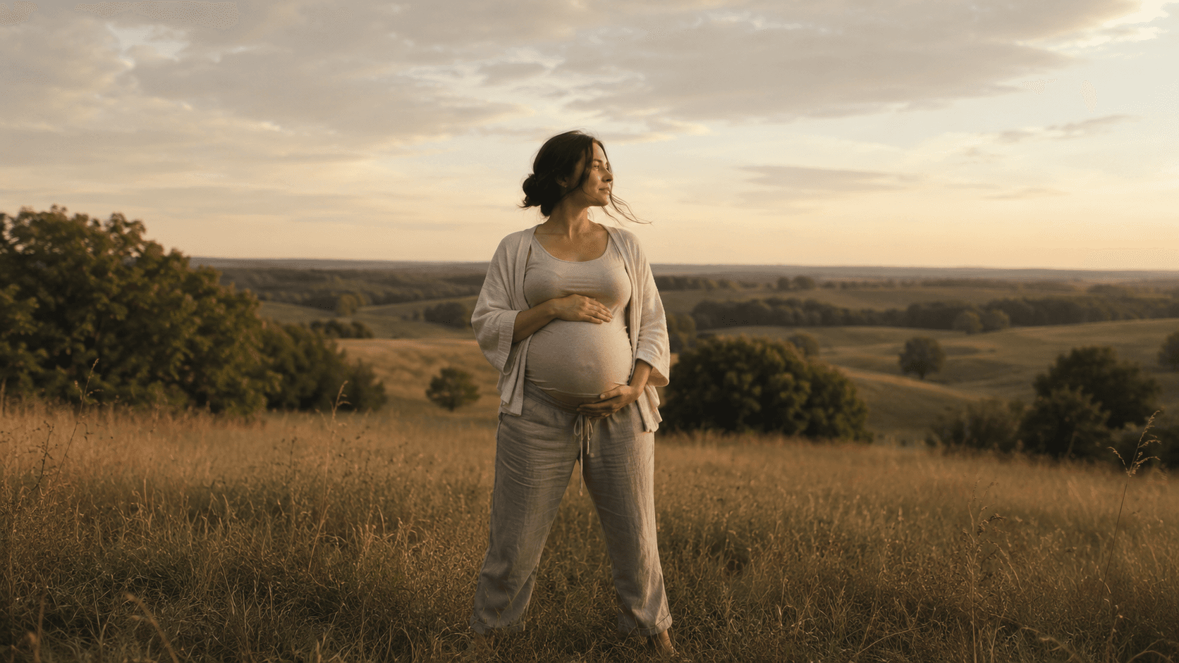 Pregnant woman standing in a golden-hour field, hands resting on her belly, Mid-Missouri landscape behind her